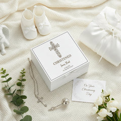 Personalised Christening White Engraved Wooden Keepsake Box With Floral Cross Design Keepsake Box ukgiftstoreonline