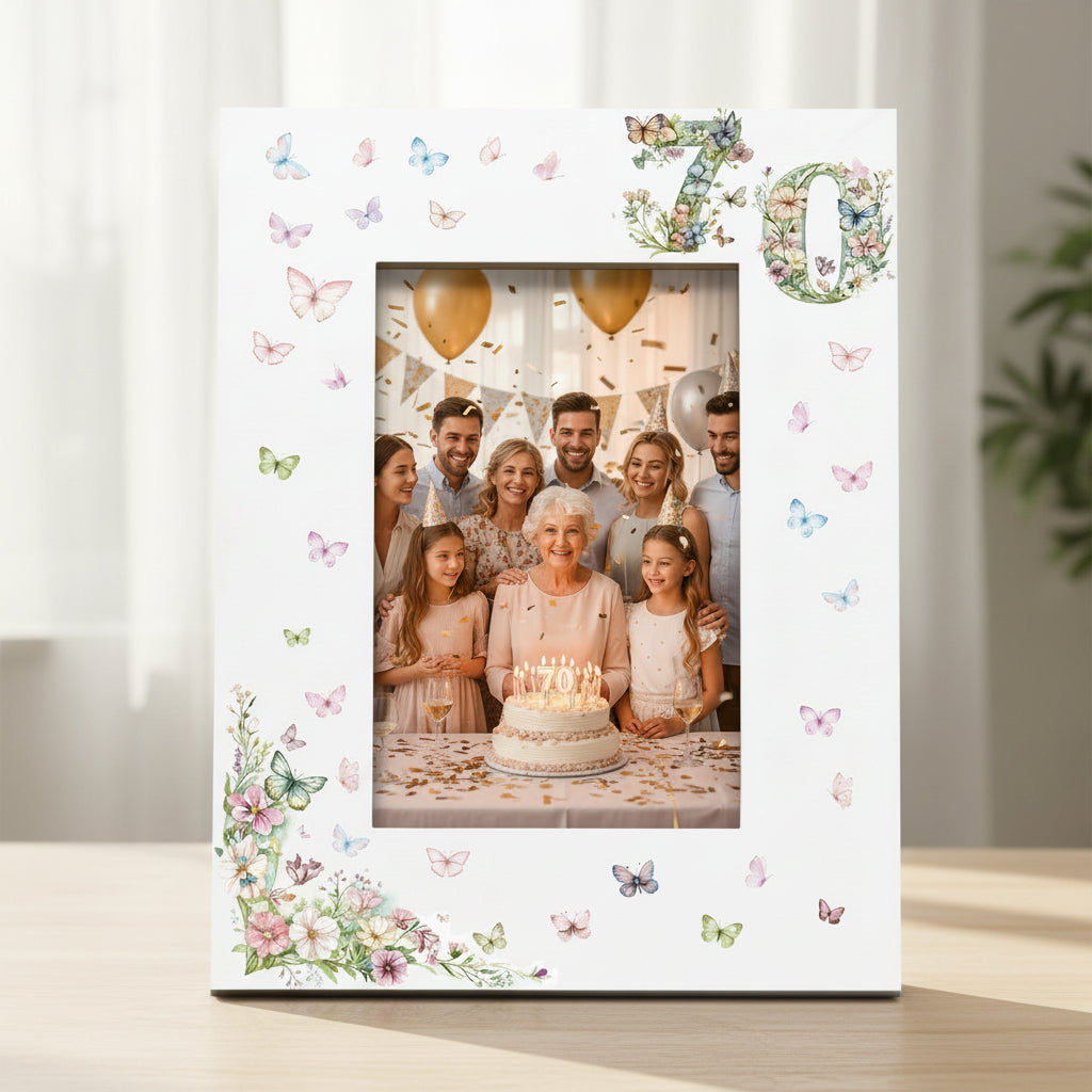 70th Birthday Photo Picture Frame Gift For Her With Butterflies and Flowers Photo Frame ukgiftstoreonline