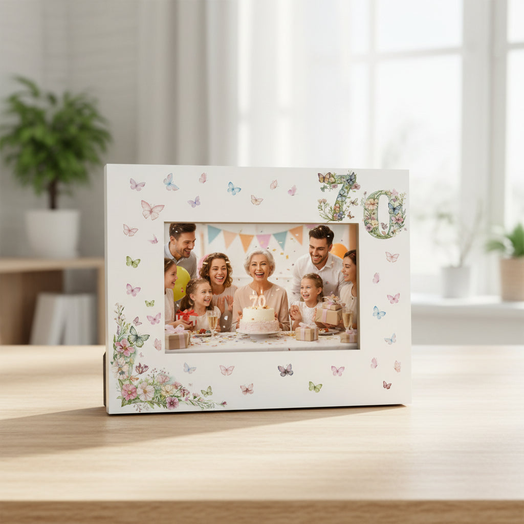 70th Birthday Photo Picture Frame Gift For Her With Butterflies and Flowers Photo Frame ukgiftstoreonline