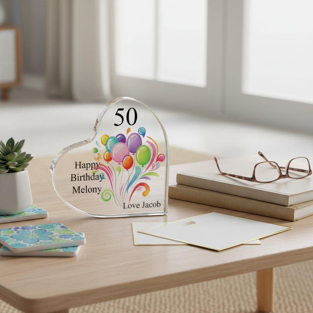 Personalised 50th Birthday Balloon Heart Block In Gift Box Personalised Plaque Gift ukgiftstoreonline