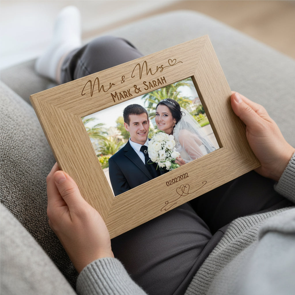 Mr and Mrs Love Heart Wedding Photo Frame Gift Landscape Engraved Wooden wedding photo frame ukgiftstoreonline