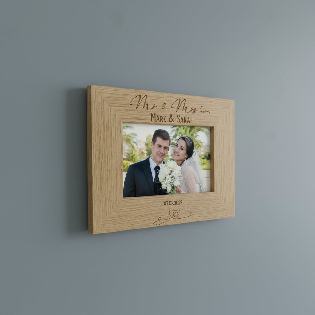 Mr and Mrs Love Heart Wedding Photo Frame Gift Landscape Engraved Wooden wedding photo frame ukgiftstoreonline