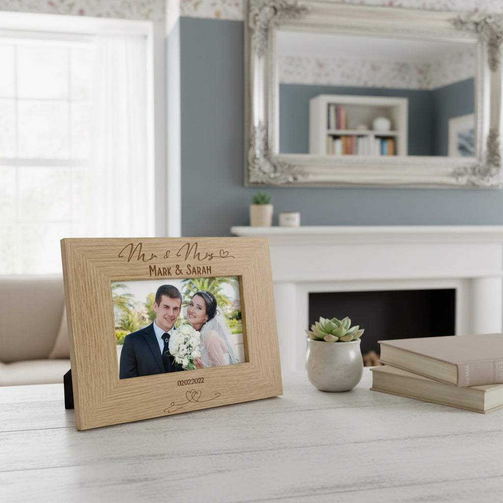 Mr and Mrs Love Heart Wedding Photo Frame Gift Landscape Engraved Wooden wedding photo frame ukgiftstoreonline