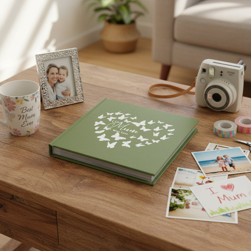 Mum with love Olive Green Photo Album Gift With Butterflies 50 x 6" x 4" Photos Mum Photo Album ukgiftstoreonline