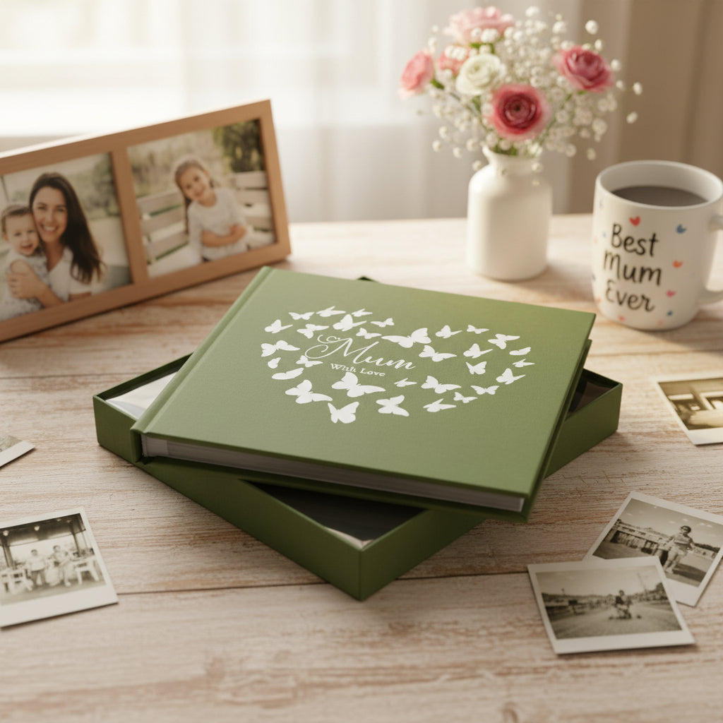 Mum with love Olive Green Photo Album Gift With Butterflies 50 x 6" x 4" Photos Mum Photo Album ukgiftstoreonline