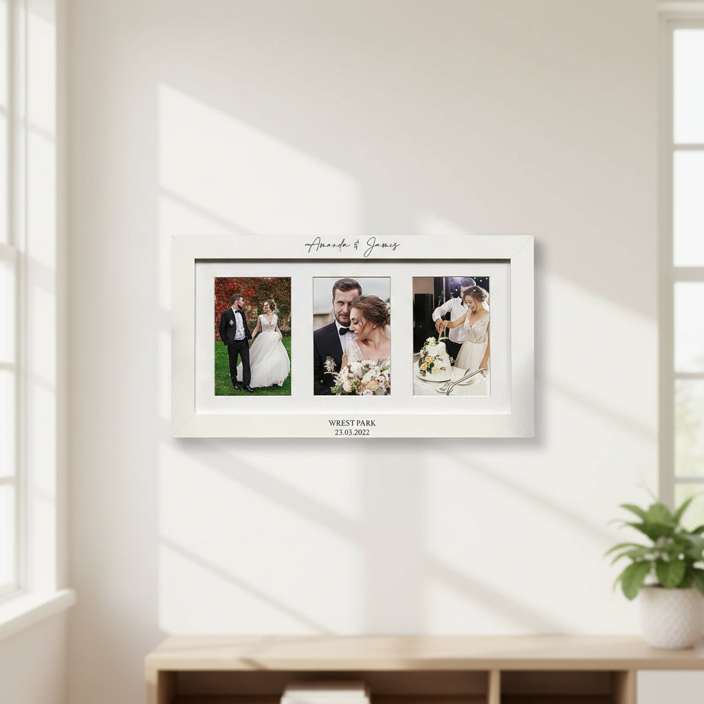 Personalised White Wooden Wedding Triple Photo 6 x 4 Frame Gift Photo Frame ukgiftstoreonline