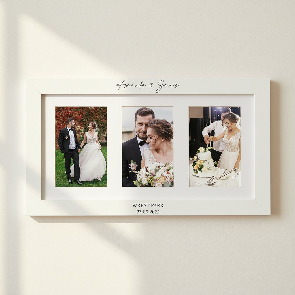 Personalised White Wooden Wedding Triple Photo 6 x 4 Frame Gift Photo Frame ukgiftstoreonline