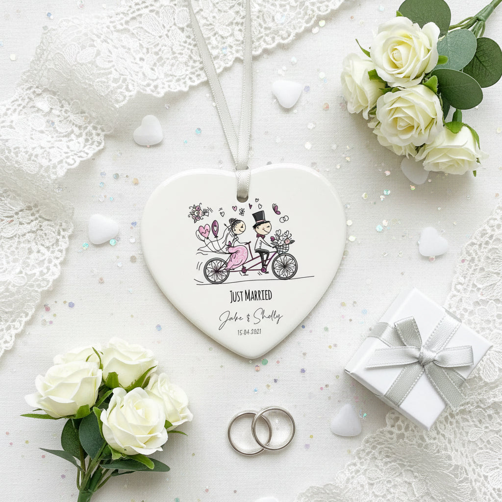 Personalised Just Married Wedding porcelain heart gift with ribbon Personalised Heart Gifts ukgiftstoreonline