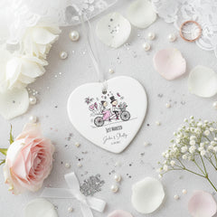 Personalised Just Married Wedding porcelain heart gift with ribbon Personalised Heart Gifts ukgiftstoreonline