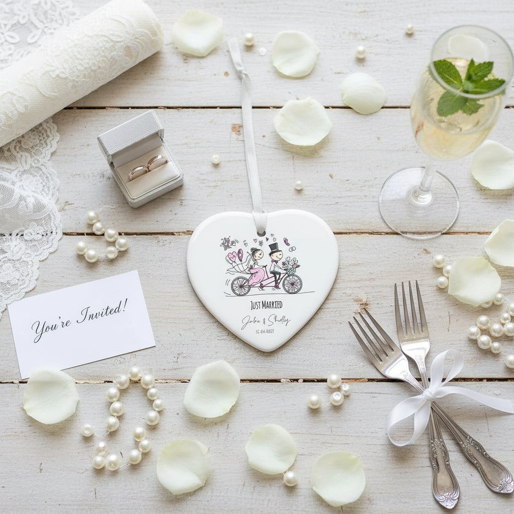Personalised Just Married Wedding porcelain heart gift with ribbon Personalised Heart Gifts ukgiftstoreonline