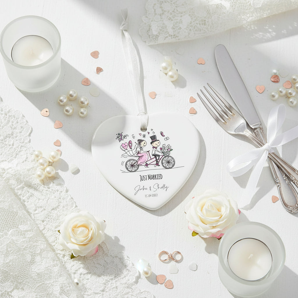 Personalised Just Married Wedding porcelain heart gift with ribbon Personalised Heart Gifts ukgiftstoreonline