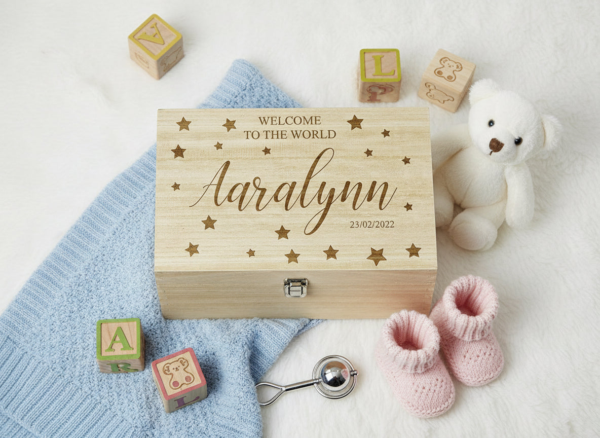 Personalised Engraved Large Baby Memories Keepsake Box Welcome To The World Keepsake Memory Box Raised Words