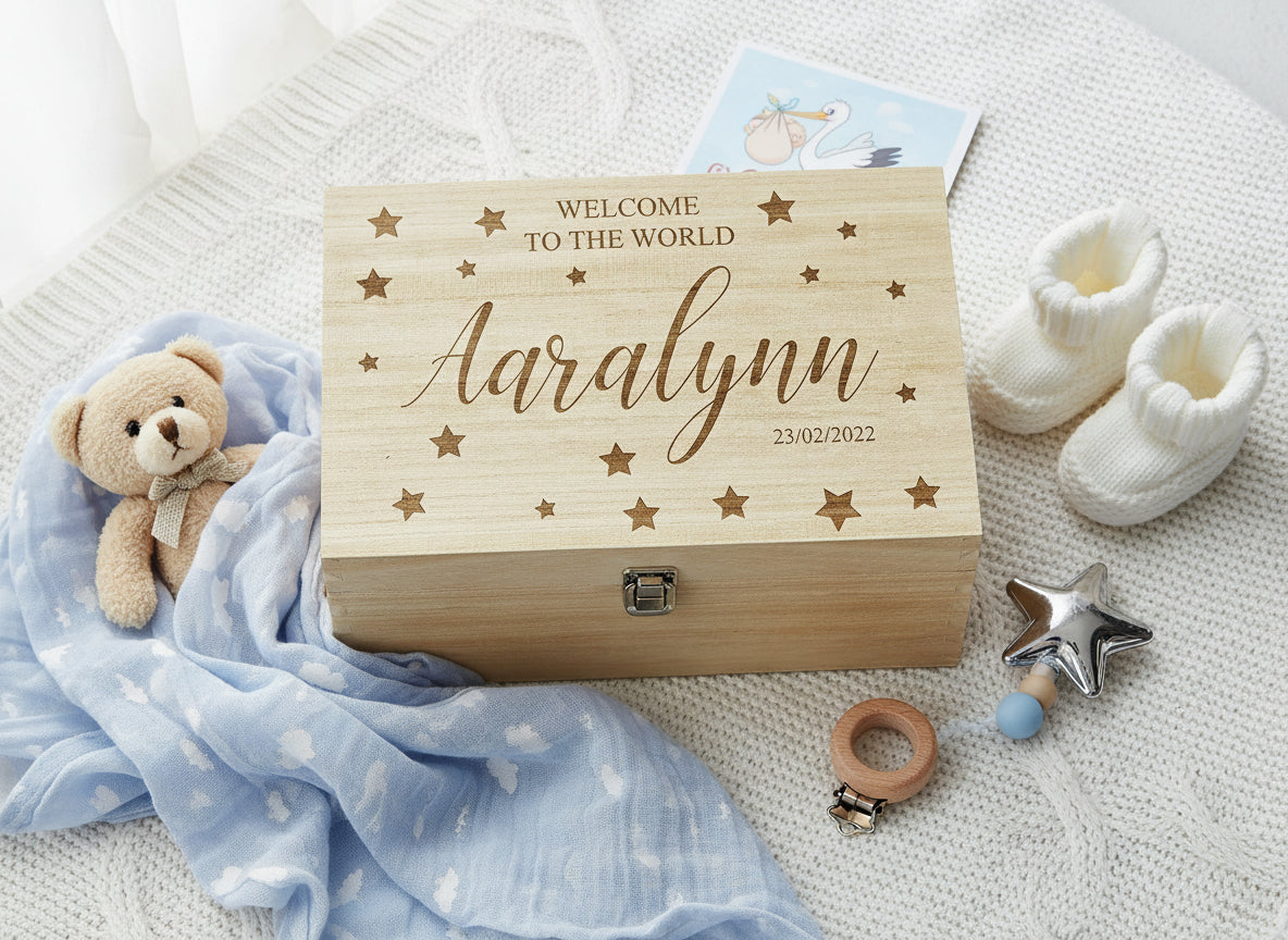 Personalised Engraved Large Baby Memories Keepsake Box Welcome To The World Keepsake Memory Box Raised Words