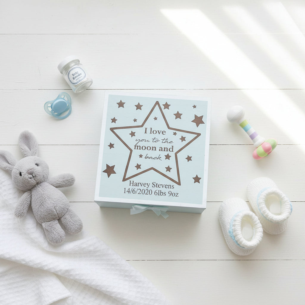Personalised Baby Boy Blue Memories Engraved Wooden Keepsake Box Love You To The Moon Keepsake Memory Box Baby Keepsakes