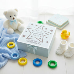 Personalised Baby Boy Blue Memories Engraved Wooden Keepsake Box Love You To The Moon Keepsake Memory Box Baby Keepsakes