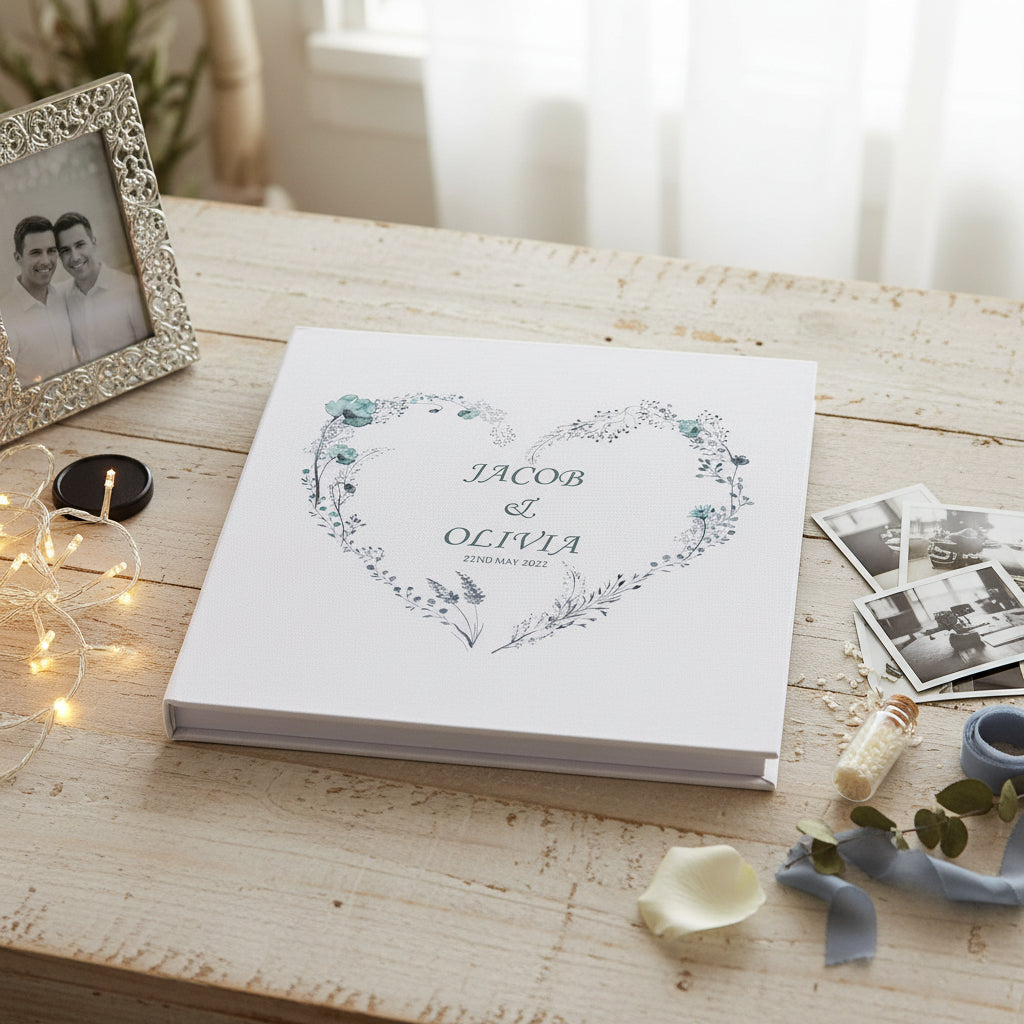 Personalised Large Linen Cover Wedding Photo Album Dusty Blue Heart photo album ukgiftstoreonline
