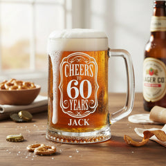 Personalised Cheers To Beer Glass Engraved For 60th Birthday With Custom Name