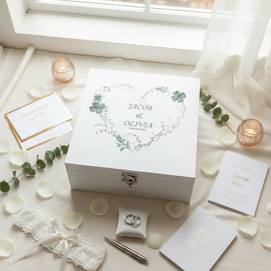 Personalised Luxury Wooden Wedding Box Keepsakes With Green Clover Leaf Heart Keepsake Wooden Box ukgiftstoreonline