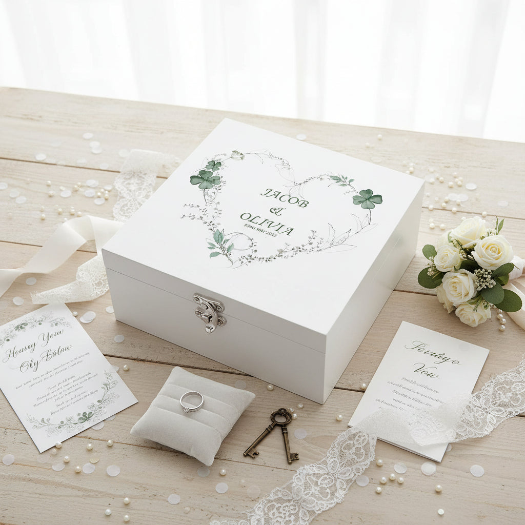 Personalised Luxury Wooden Wedding Box Keepsakes With Green Clover Leaf Heart Keepsake Wooden Box ukgiftstoreonline