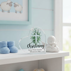 Personalised Christening Heart Block With Green Leaf Cross In Gift Box Personalised Plaque Gift ukgiftstoreonline