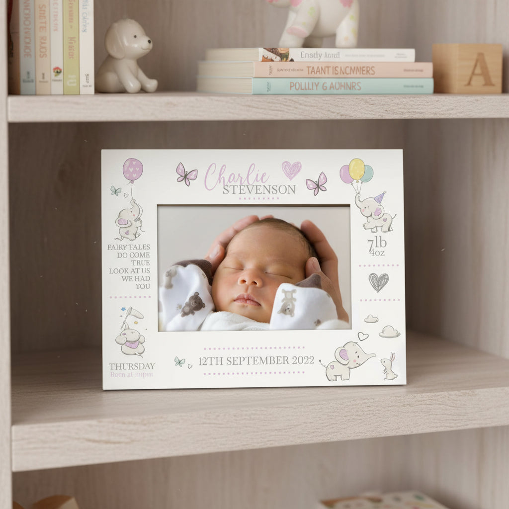 Personalised Baby Girl Photo Frame With Birth Details and Cute Elephant Photo Frame ukgiftstoreonline