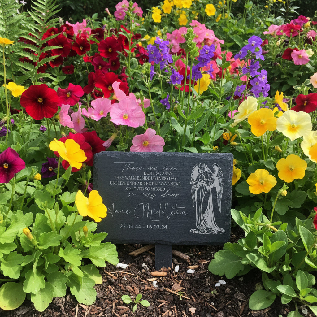 Memorial Plaque - Personalised Engraved Grave Stone Slate Marker With Angel Personalised Garden Stone Slate ukgiftstoreonline