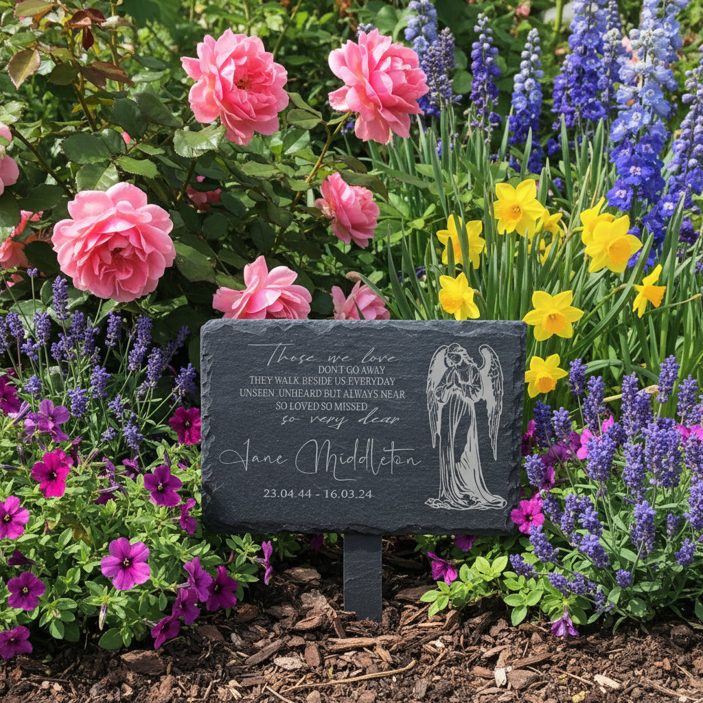 Memorial Plaque - Personalised Engraved Grave Stone Slate Marker With Angel Personalised Garden Stone Slate ukgiftstoreonline