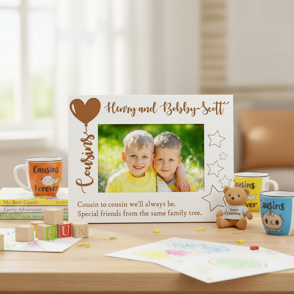 Personalised Cousins Photo White Engraved Wooden Frame Balloon Design Family Photo frame ukgiftstoreonline
