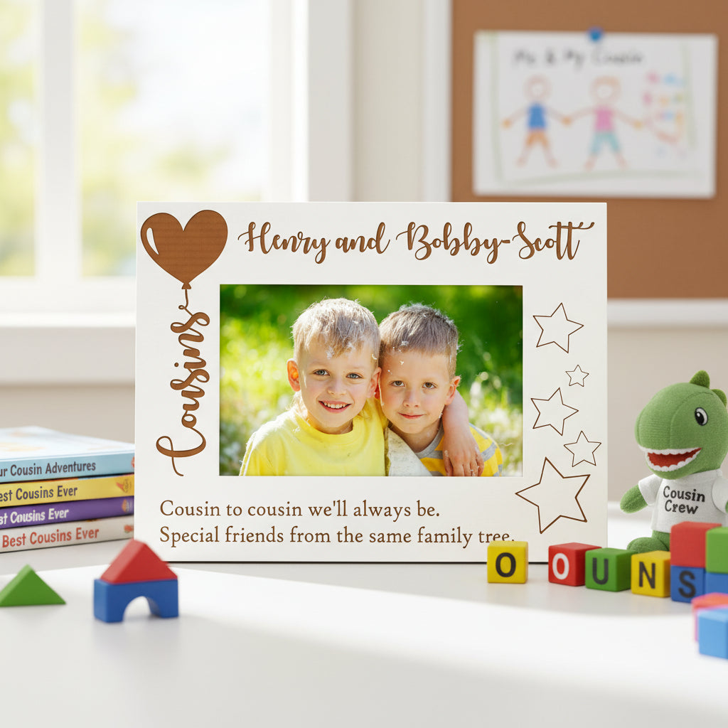Personalised Cousins Photo White Engraved Wooden Frame Balloon Design Family Photo frame ukgiftstoreonline