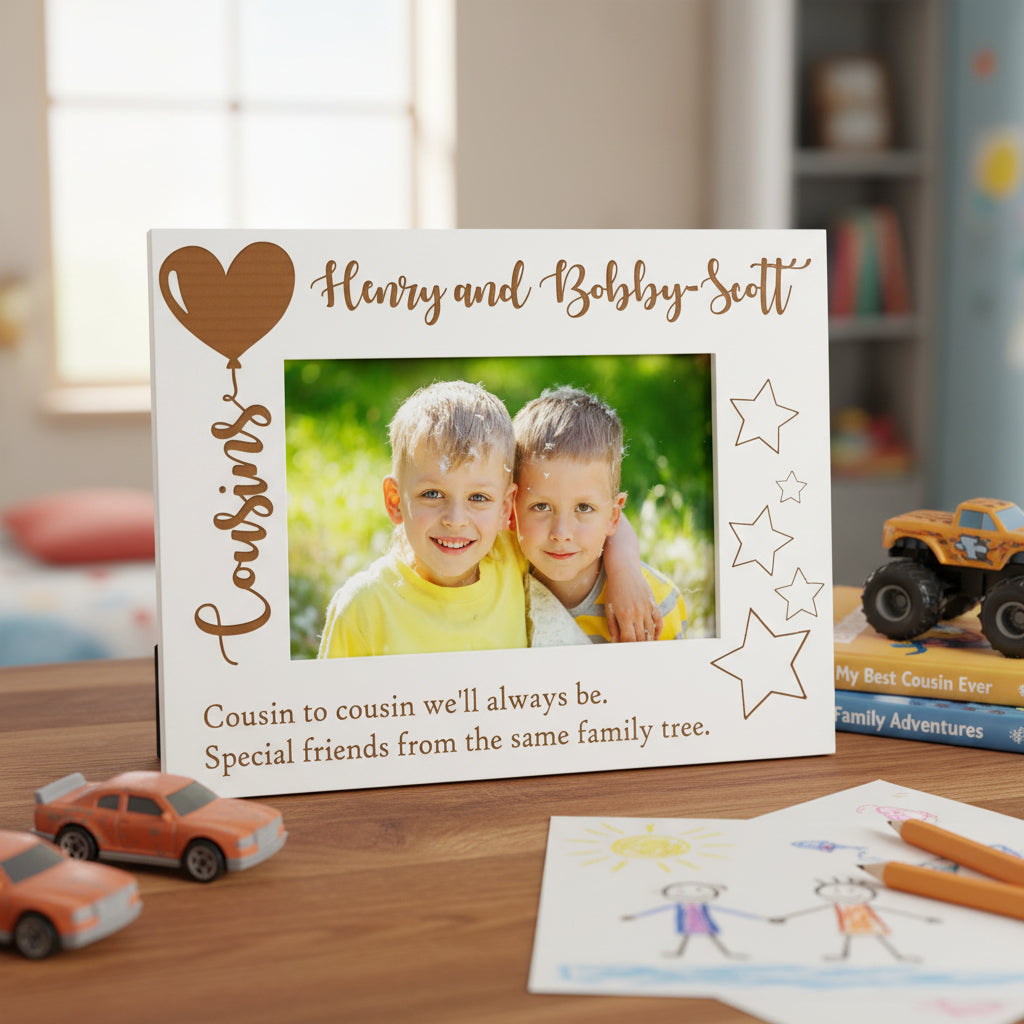 Personalised Cousins Photo White Engraved Wooden Frame Balloon Design Family Photo frame ukgiftstoreonline