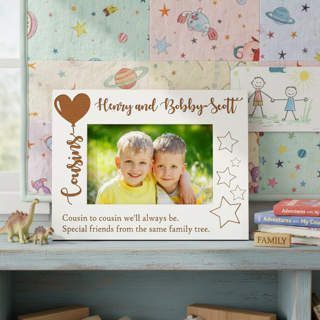 Personalised Cousins Photo White Engraved Wooden Frame Balloon Design Family Photo frame ukgiftstoreonline