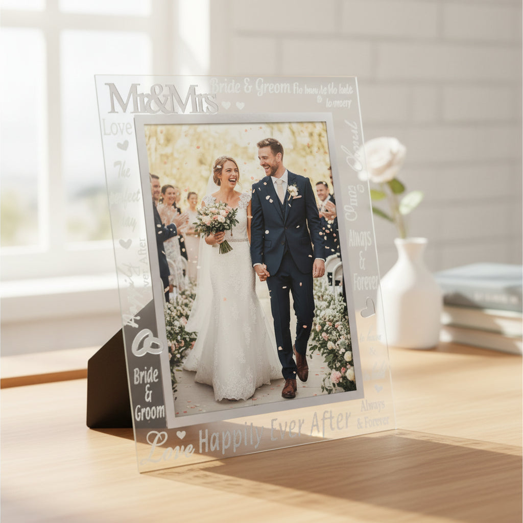 Glass Wedding Photo Frame 5" x 7" With Mirrored Words photo frame ukgiftstoreonline