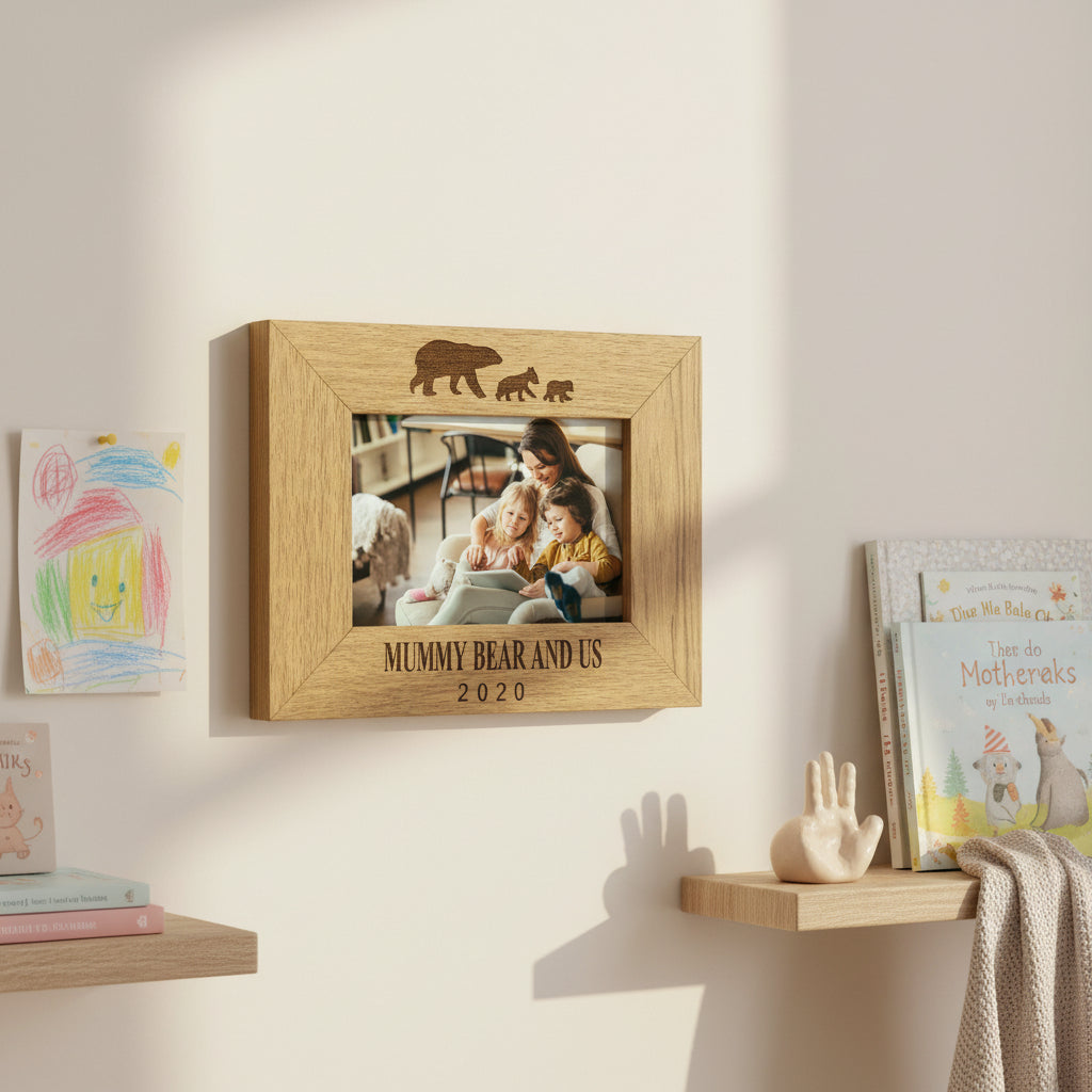 Personalised Mummy Bear and Us Oak Wood Finish Engraved Photo Frame Gift Mummy Photo Frame ukgiftstoreonline
