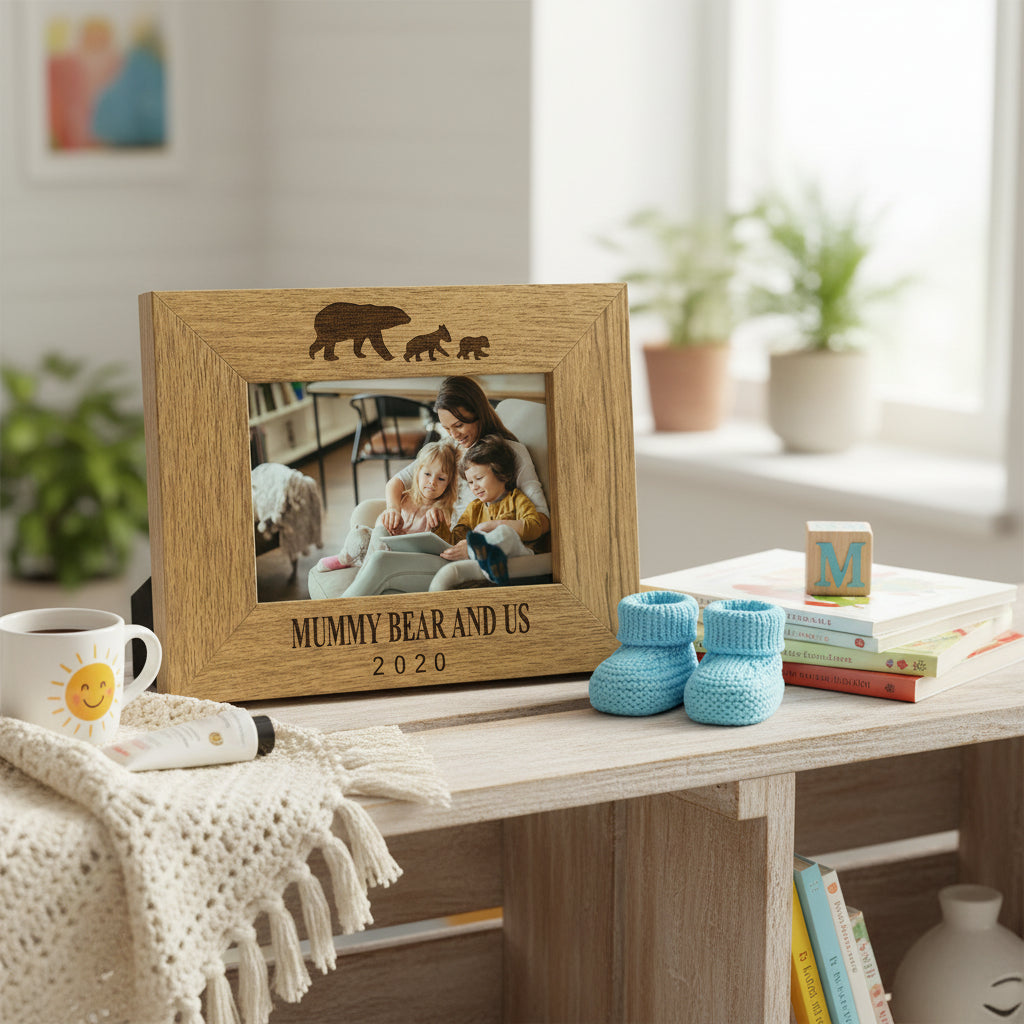 Personalised Mummy Bear and Us Oak Wood Finish Engraved Photo Frame Gift Mummy Photo Frame ukgiftstoreonline