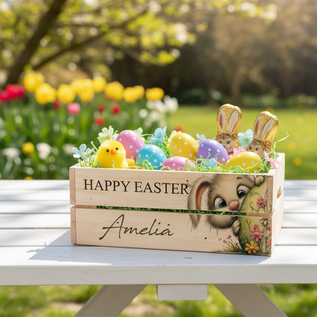 Personalised wooden Easter Bunny crate Gift basket hamper egg hunt storage crate ukgiftstoreonline Design 6