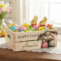 Personalised wooden Easter Bunny crate Gift basket hamper egg hunt storage crate ukgiftstoreonline Design 8