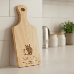 Personalised Custom Engraved Wooden Serving Board Cheese Board Cutting Novelty Gift With Highland Cow