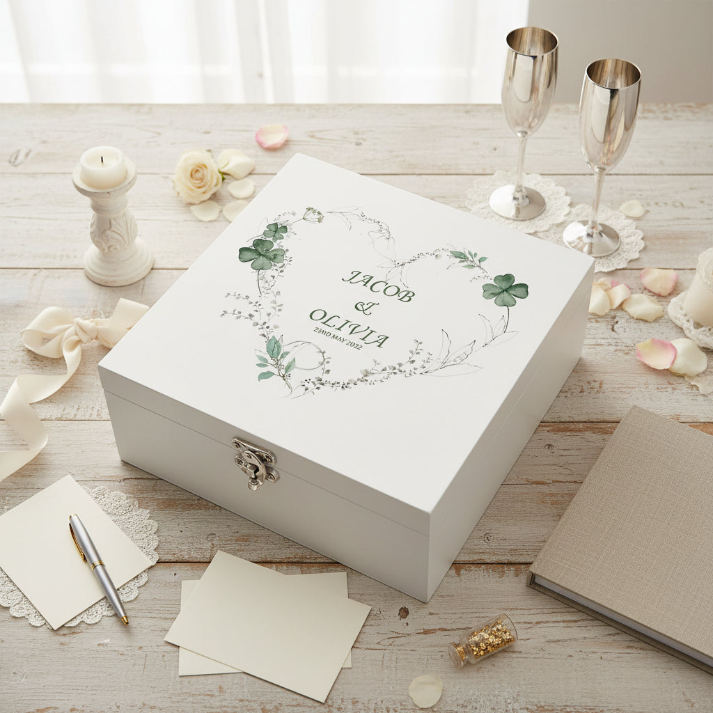 Personalised Luxury Wooden Wedding Box Keepsakes With Green Clover Leaf Heart Keepsake Wooden Box ukgiftstoreonline