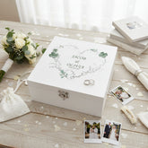 Personalised Luxury Wooden Wedding Box Keepsakes With Green Clover Leaf Heart Keepsake Wooden Box ukgiftstoreonline