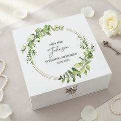ukgiftstoreonline Personalised Wedding Keepsake Large Wooden Box Eucalyptus & Gold Wreath Keepsake Wooden Box ukgiftstoreonline