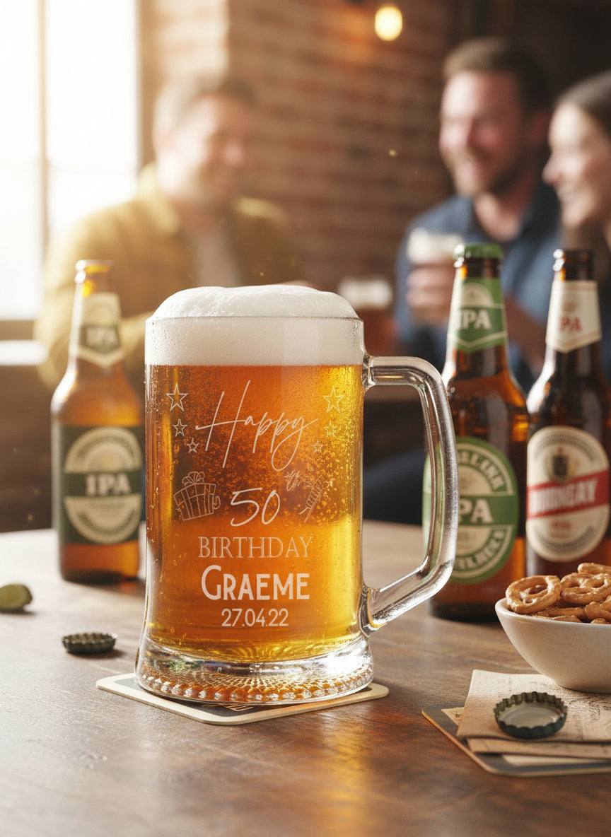 Personalised 50th Birthday Engraved Pint Beer Tankard Glass with Stars personalised beer glasses ukgiftstoreonline