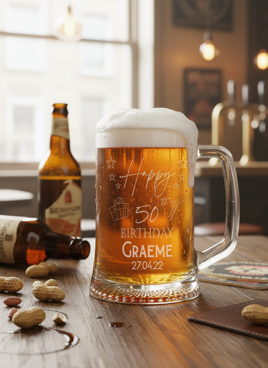 Personalised 50th Birthday Engraved Pint Beer Tankard Glass with Stars personalised beer glasses ukgiftstoreonline