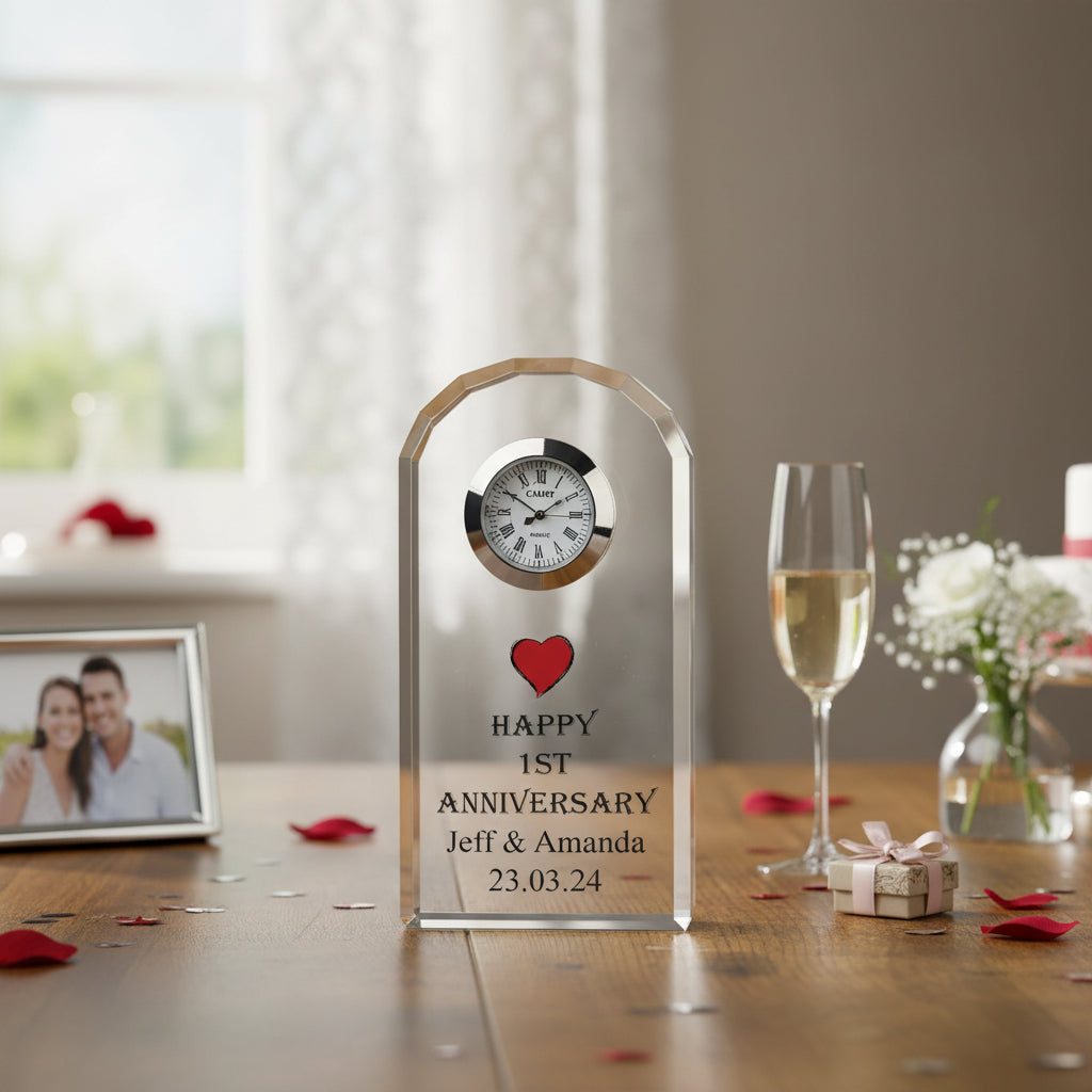 Personalised 1st Wedding Anniversary Crystal Glass Clock Gift Personalised Crystal Glass ukgiftstoreonline