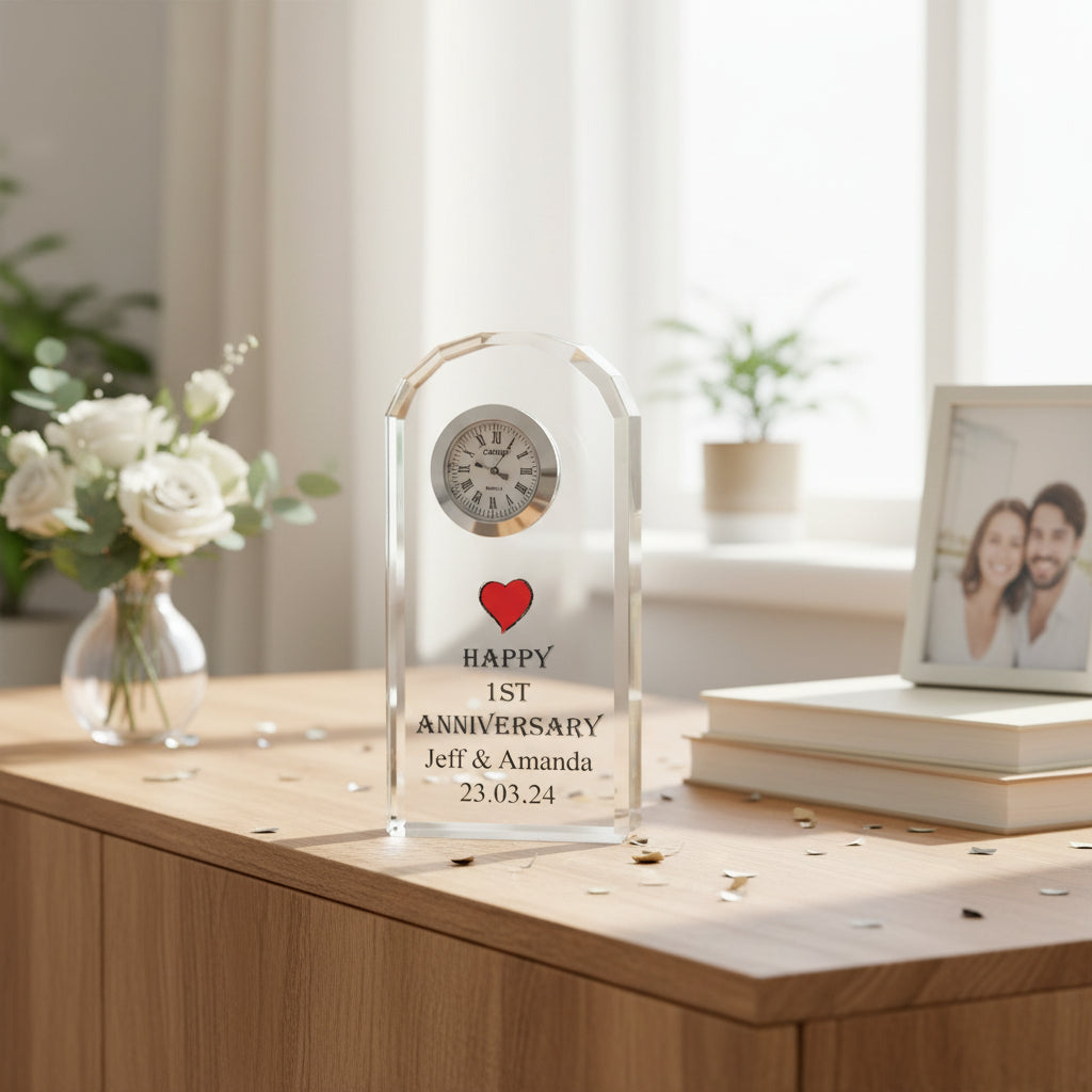 Personalised 1st Wedding Anniversary Crystal Glass Clock Gift Personalised Crystal Glass ukgiftstoreonline