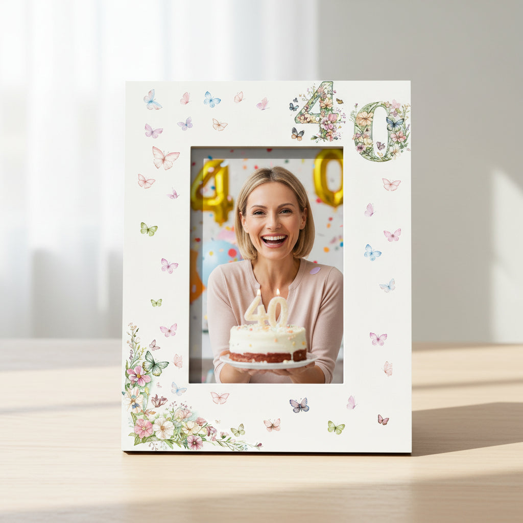 40th Birthday Photo Picture Frame Gift For Her With Butterflies and Flowers Photo Frame ukgiftstoreonline