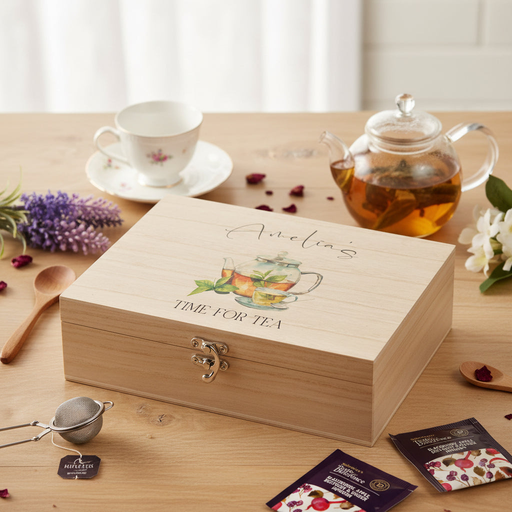 Personalised Any Name Compartment Tea Box With Tea cup and Pot Tea Box Raised Words