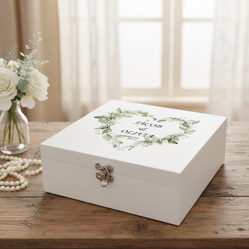 Personalised Luxury Wooden Wedding Box Keepsakes With Floral Green Heart Keepsake Wooden Box ukgiftstoreonline