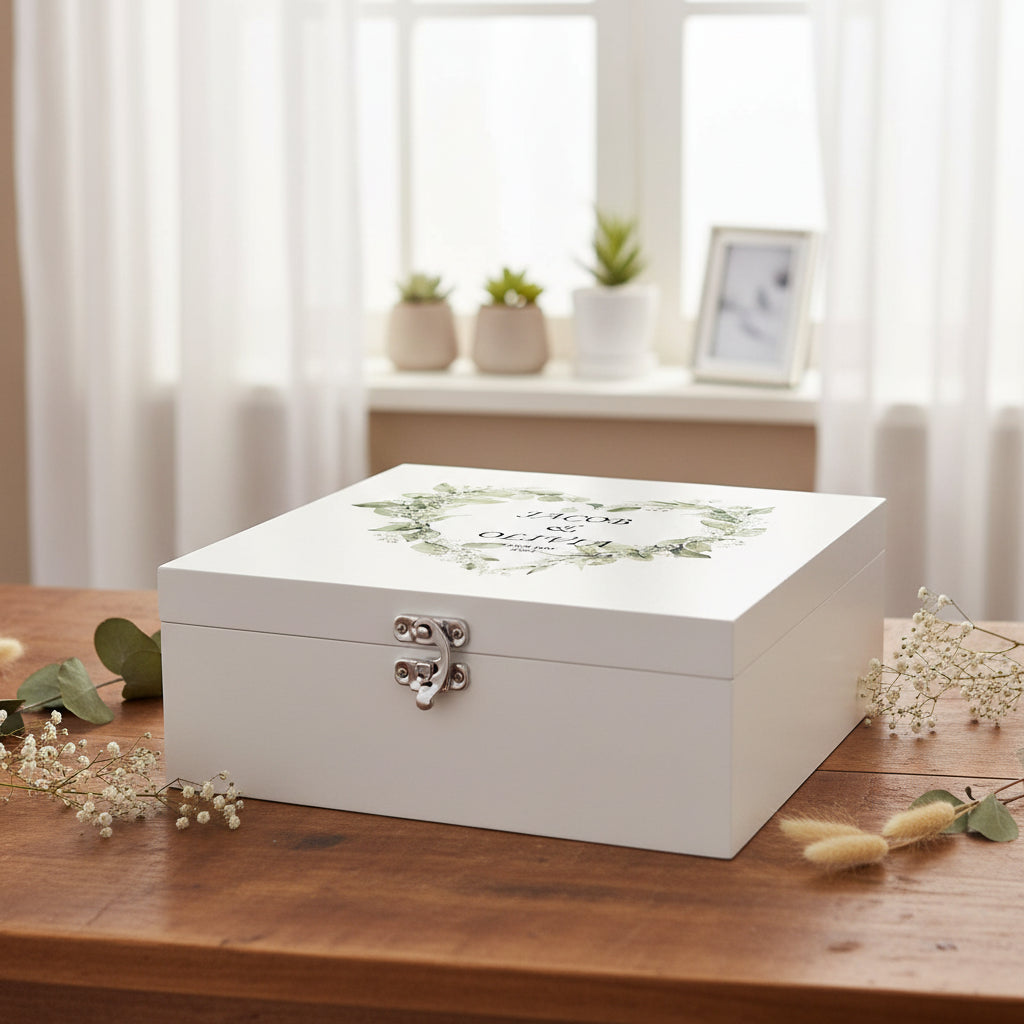 Personalised Luxury Wooden Wedding Box Keepsakes With Floral Green Heart Keepsake Wooden Box ukgiftstoreonline