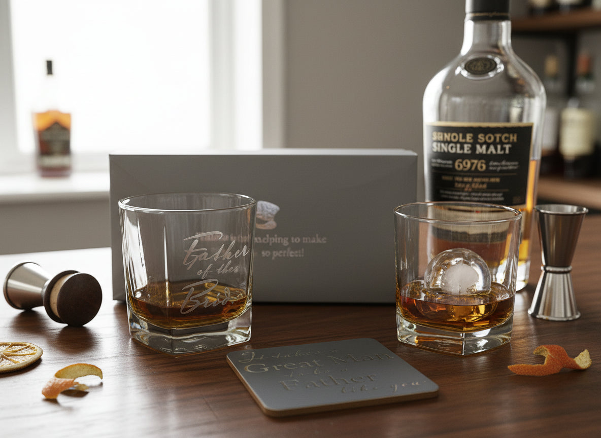 Father of the Bride Gift Set Glass and Coaster With Silver Inscription Personalised Whiskey Glass ukgiftstoreonline