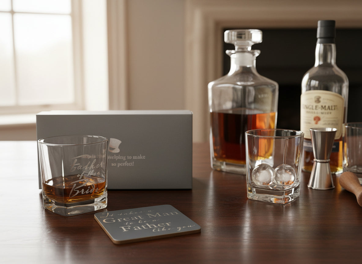 Father of the Bride Gift Set Glass and Coaster With Silver Inscription Personalised Whiskey Glass ukgiftstoreonline